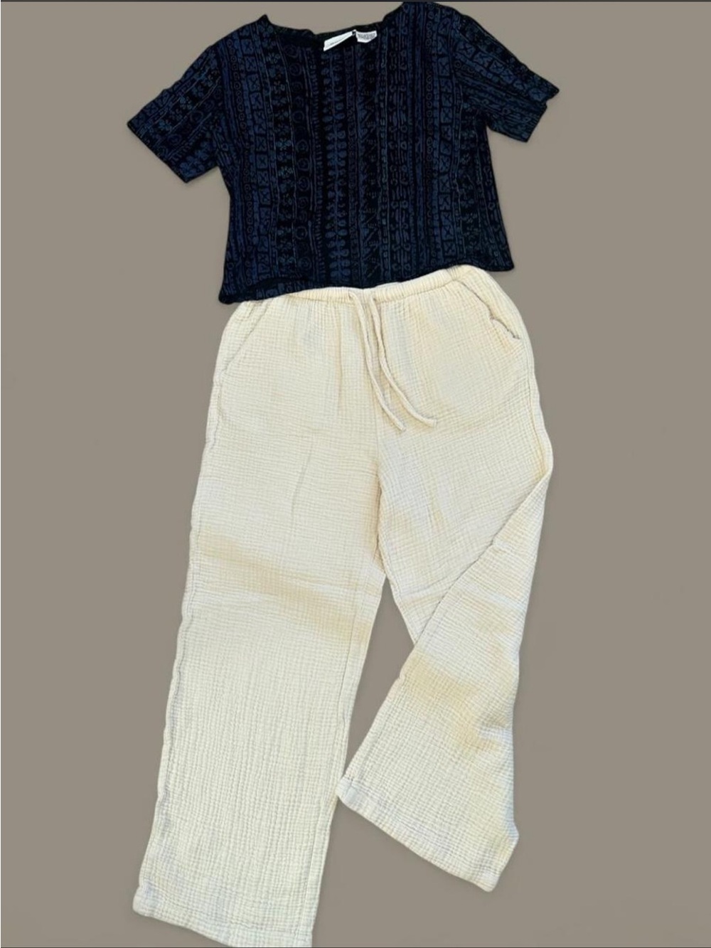 Women's Cream Line Wide-Leg Pants and Vintage Blue Top Set